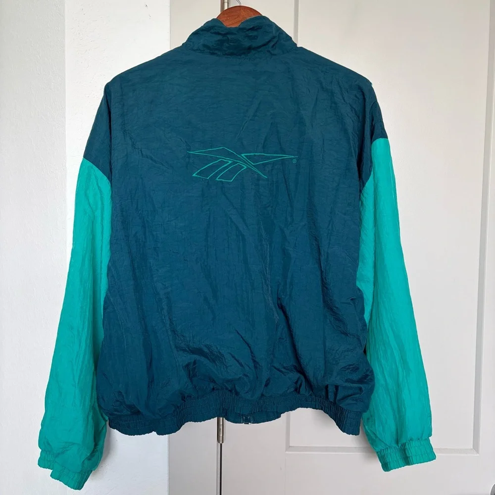 VINTAGE 90S REEBOK BLUE TEAL NYLON FULL ZIL WINDBREAKER MENS XL